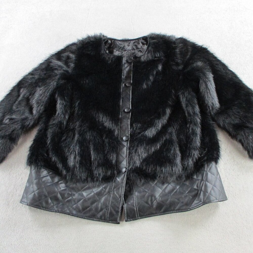 Dennis by Dennis Basso Coat Womens XL Black Faux Fur Button Front Quilted Trim